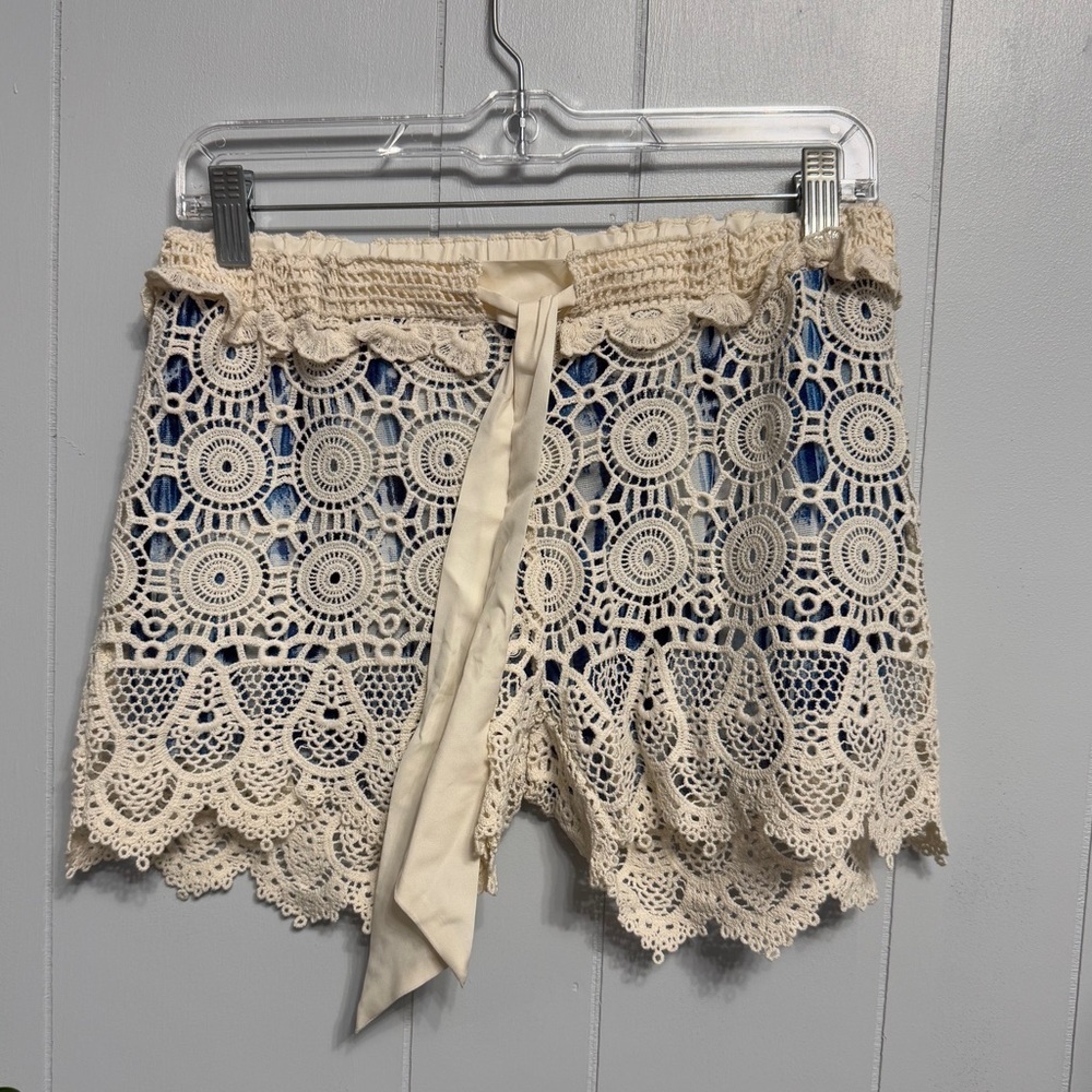 #15) For Cynthia Cream Crochet Lace Beach Shorts with Navy Liner